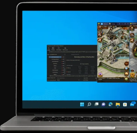 Open laptop shows Evony: The King's Return running alongside its Windows PC bot