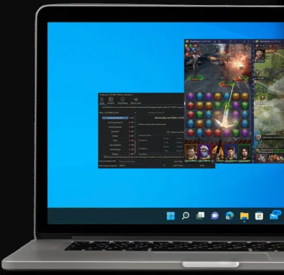 Laptop screen shows Puzzles and Survival while the Windows PC bot operates